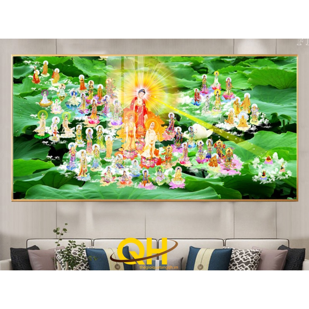 Tranh Tây Phương Tiếp Dẫn, tranh treo tường phật giáo hiện đại mẫu 02, chất liệu gỗ in tráng gương bọc viền cao cấp