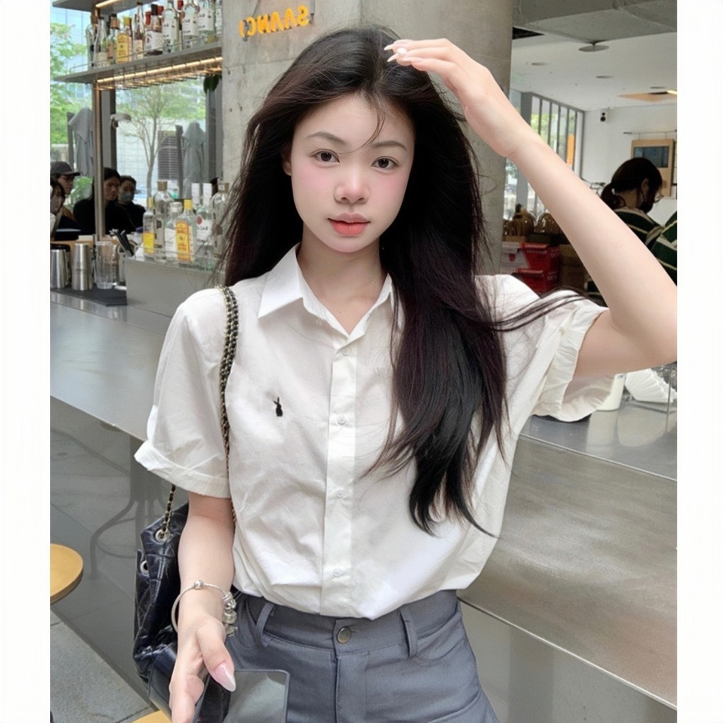 Áo Sơ Mi Ngắn Tay Thêu Thỏ, Áo Sơ Mi Nữ Cộc Tay Chất Cotton Hàng Loại 1 | BigBuy360 - bigbuy360.vn