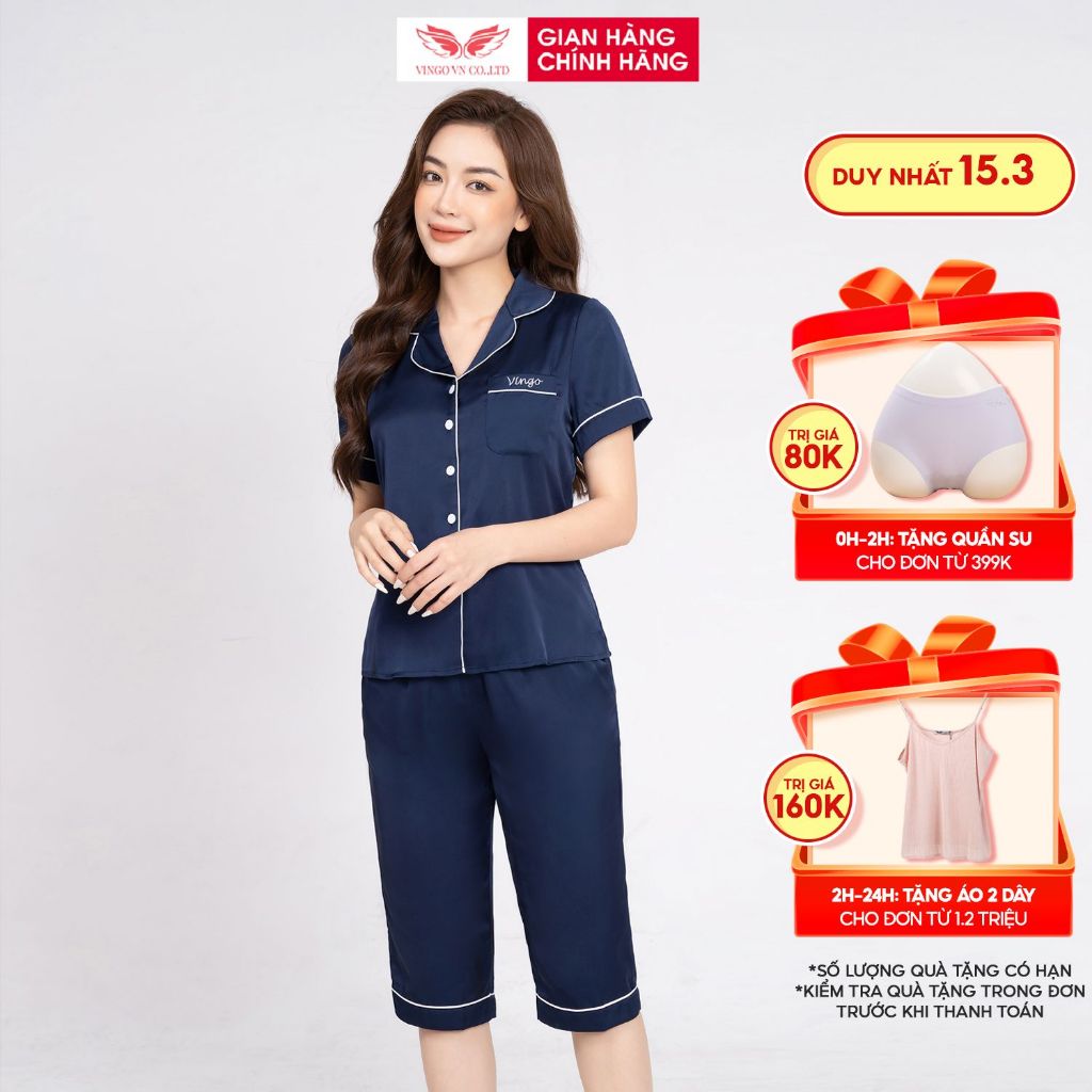 Pijama lụa trơn bộ đồ ngủ mặc nhà cao cấp mùa Hè VINGO tay ngắn quần lửng dáng trơn H693 VNGO