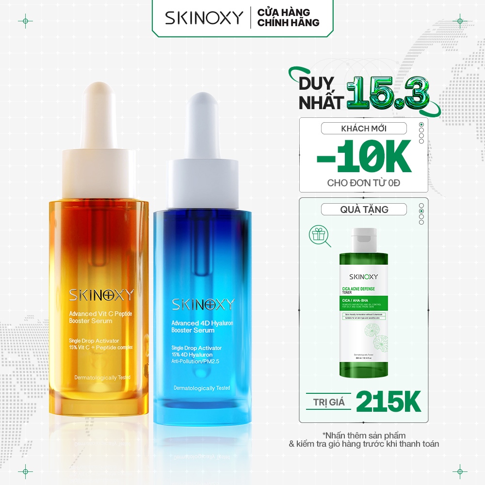 Bộ đôi dưỡng chất X2 dưỡng ẩm , sáng da 15% BOOSTER SKINOXY ADVANCED VIT C PEPTIDE 30ml + 4D HYALURON 30ml