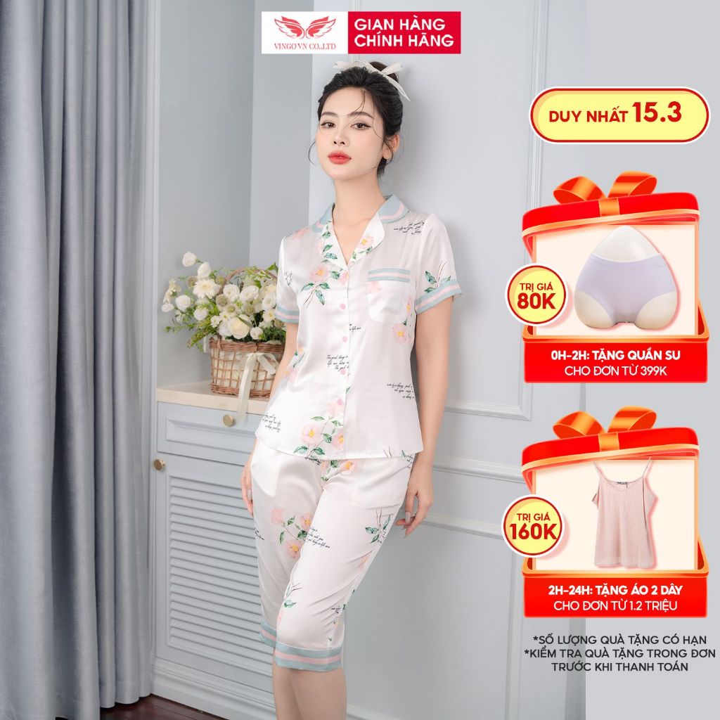 Đồ bộ mặc nhà Pijama lụa cao cấp mùa Hè VINGO tay ngắn quần lửng hoa hồng Pháp thanh lịch H991 VNGO