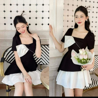 Áo sơ mi dáng peplum tay cổ vuông đáp vạt trắng