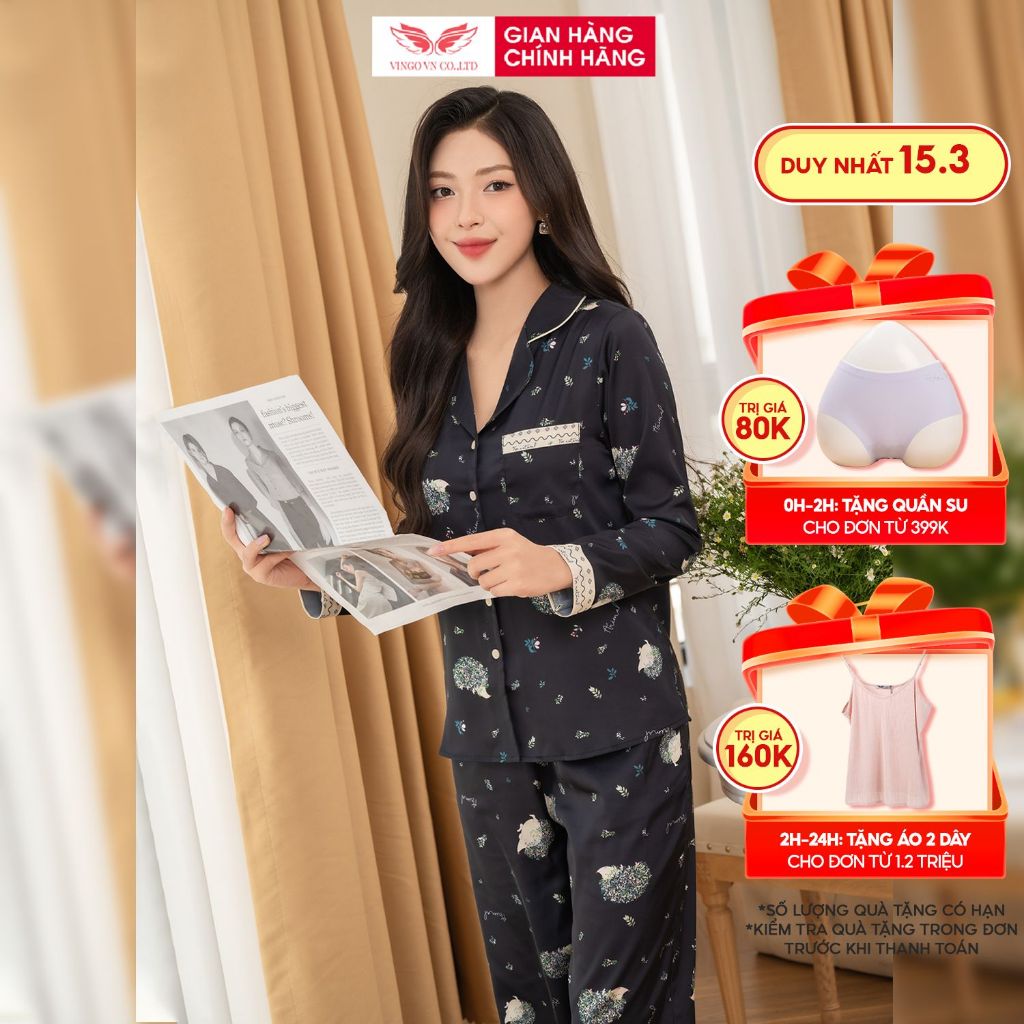 Đồ bộ mặc nhà Pijama lụa cao cấp mùa Hè VINGO tay dài quần dài dáng suông nhím đen sang trọng H1061 VNGO
