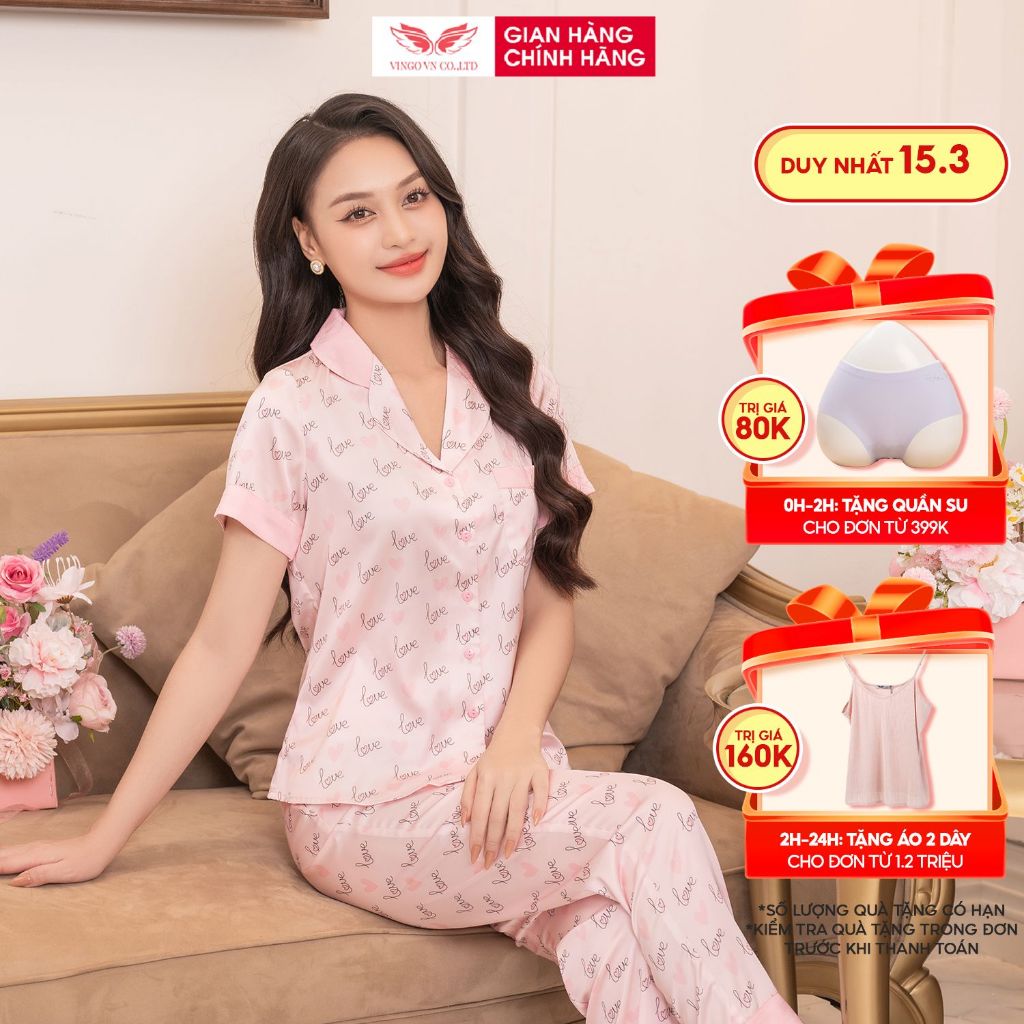 Đồ bộ mặc nhà Pijama lụa cao cấp mùa Hè VINGO tay ngắn quần dài dáng eo tim hồng chữ love H1063 VNGO