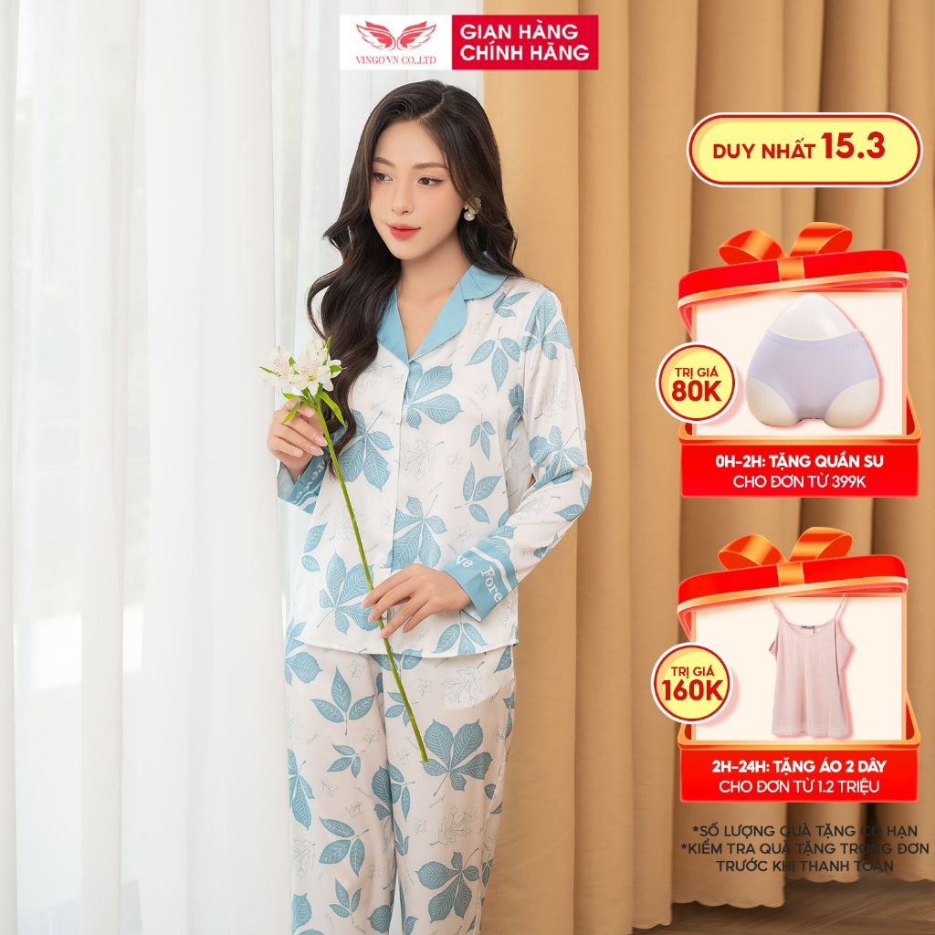 Đồ bộ mặc nhà Pijama lụa cao cấp mùa Hè VINGO tay dài quần dài dáng suông lá xanh thanh lịch H1065 VNGO