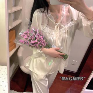 Mã B60 pijama dài cho nữ  tiểu thư bánh bèo kem- Bộ ngủ mặc nhà cao cấp hàng quảng châu