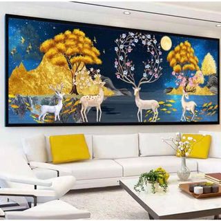 Tranh đính đá Hươu Nai Giàu Sang Phú Quý 120x50cm, 150x60cm (tranh chưa gắn đá)