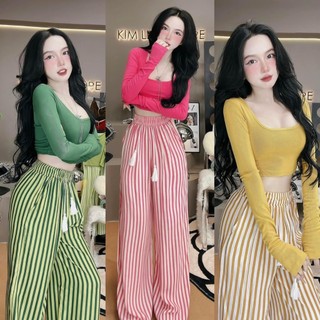 Sét bộ đồ quần sọc hottren áo cổ chữ u tay dài xỏ ngón mặt mát đi du lịch cho nàng thoải mái