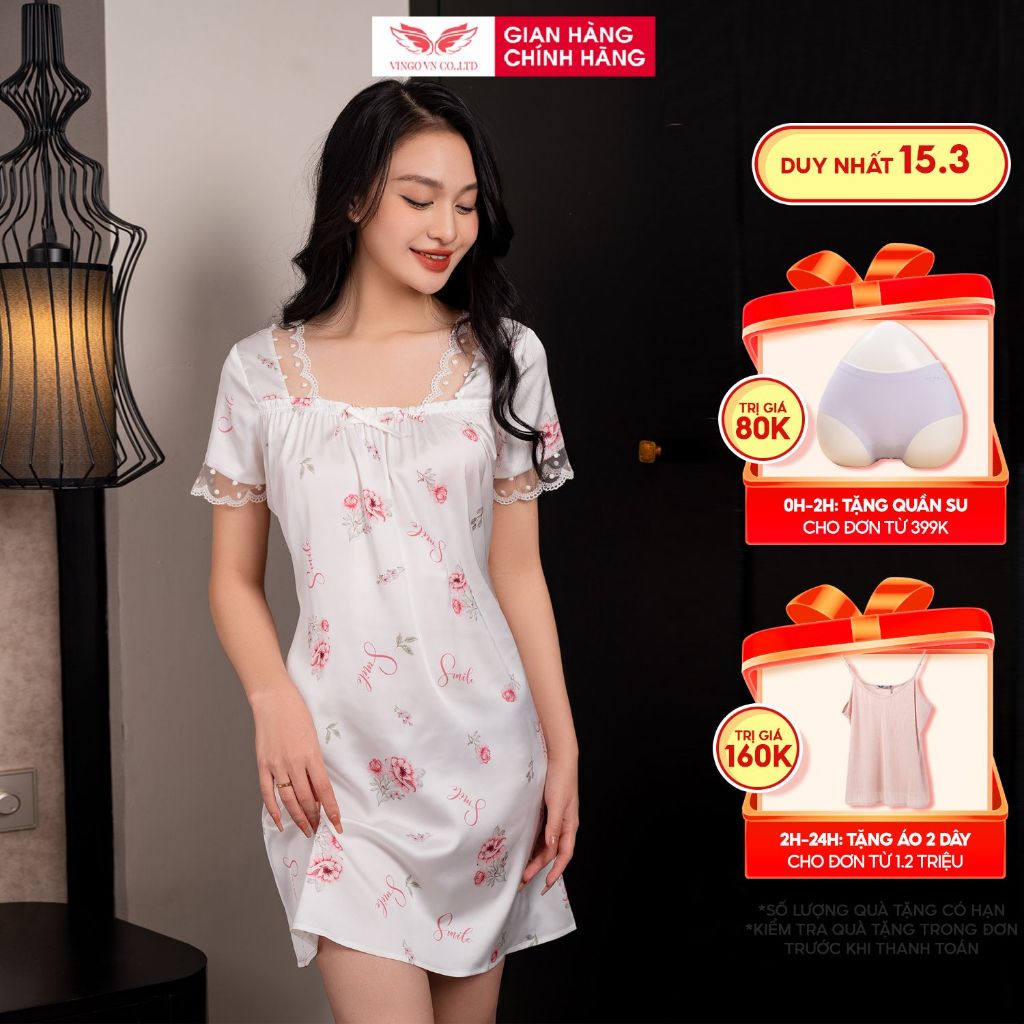 Váy ngủ đồ ngủ mặc nhà lụa cao cấp phối ren thanh lịch VINGO thiết kế tay ngắn cổ vuông hoa hồng sang chảnh N422 VNGO
