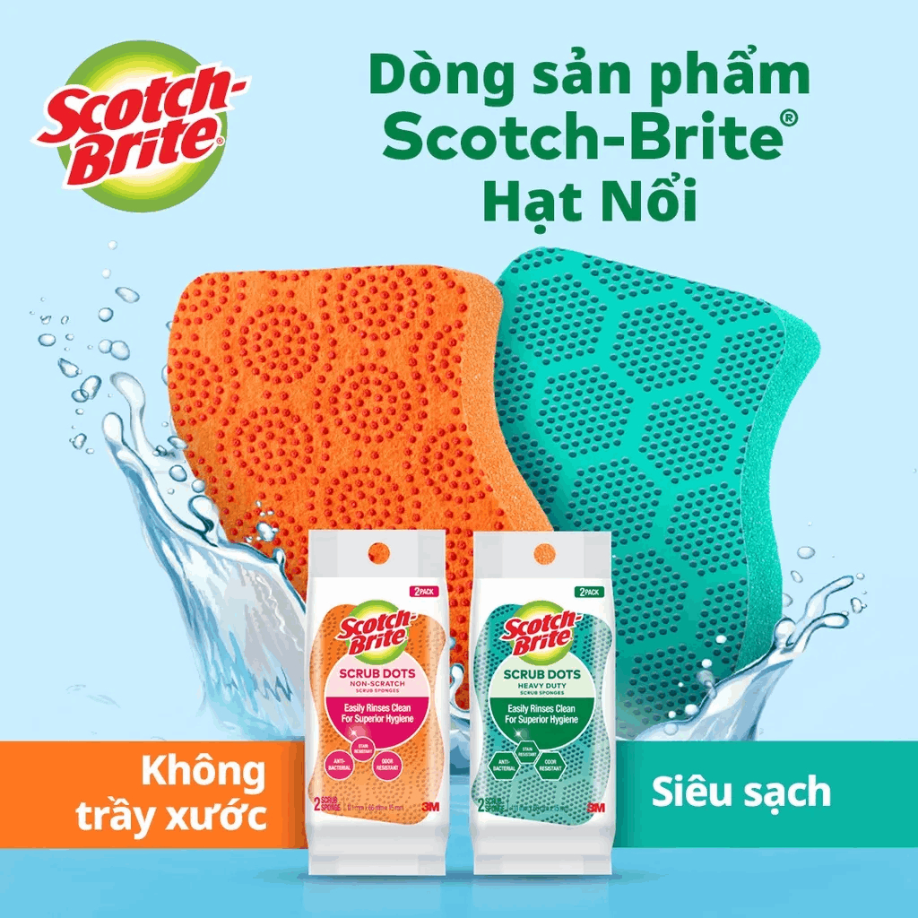 Miếng rửa chén hạt nổi 3M™ Scotch-Brite®, siêu sạch, chống trầy, gói 2 miếng, xanh/cam, Làm sạch các vết bẩn cứng đầu