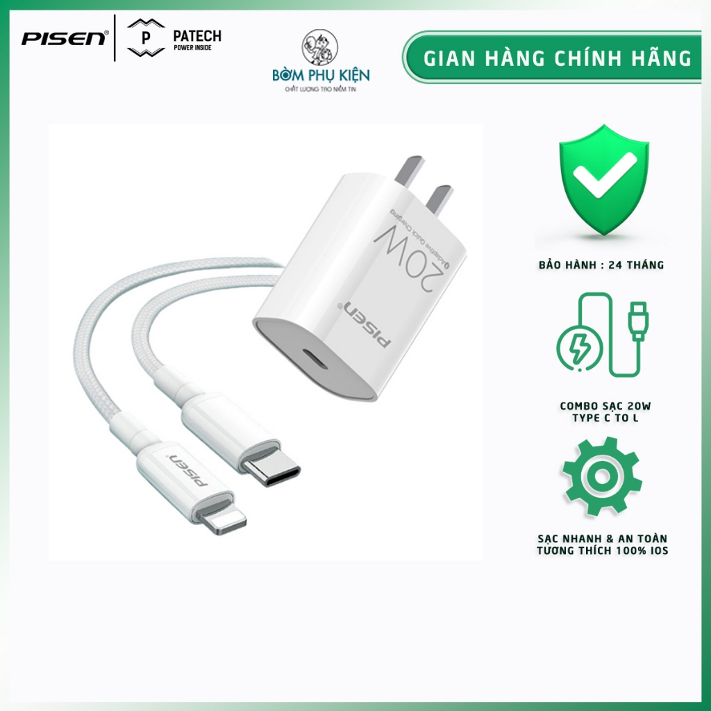  Combo Sạc PISEN QUICK PD 20W Sạc Nhanh Kèm cáp sạc nhanh Type-C to L - Hàng chính hãng Bảo Hành 12 Tháng Bờm Store 