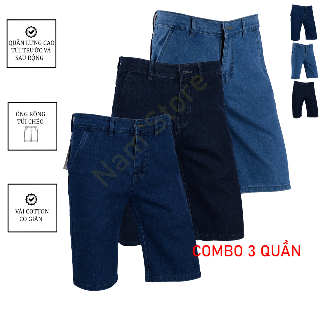 (COMBO) 3 Quần Short Jean Nam, Quần Short Nam Trung Niên, Quần Short Nam, Quần Đùi Nam, Quần Short Cho Bố Co Giãn CHÉO