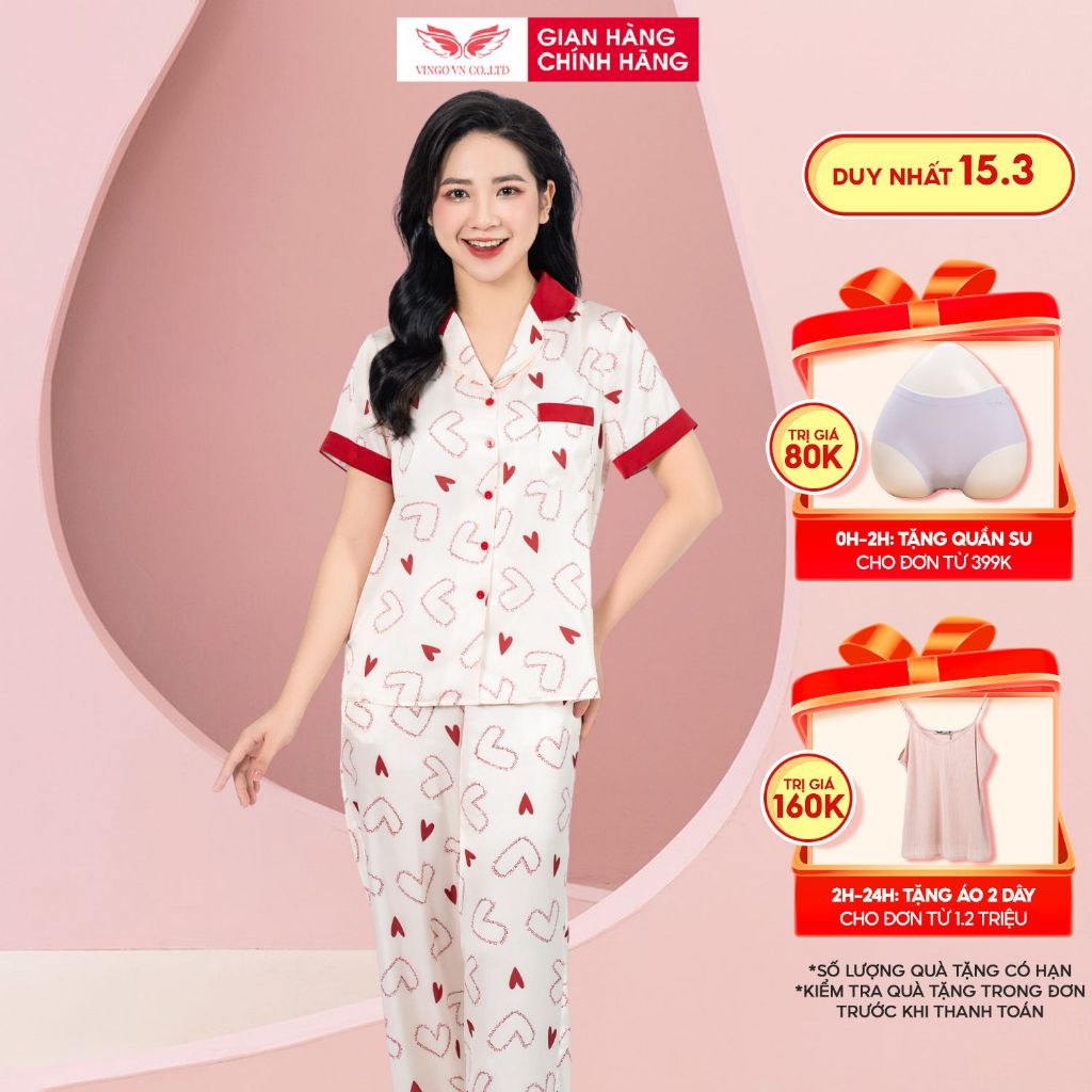 Pijama lụa bộ đồ ngủ mặc nhà cao cấp VINGO tay ngắn quần dài trái tim mặc mùa Hè thoải mái H1062 VNGO