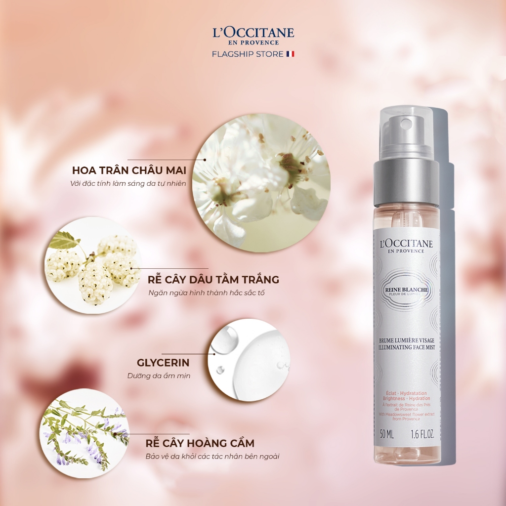 Xịt Dưỡng Ẩm Sáng Da Trân Châu Mai L'Occitane Reine Blanche Illuminating Mist 50ml