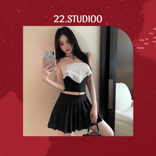 𝟮𝟮.𝗦𝘁𝘂𝗱𝗶𝗼𝗼 ~ Áo croptop cúp ngực phối ren trắng Áo ống màu đen phối yếm ren trắng tiểu thư
