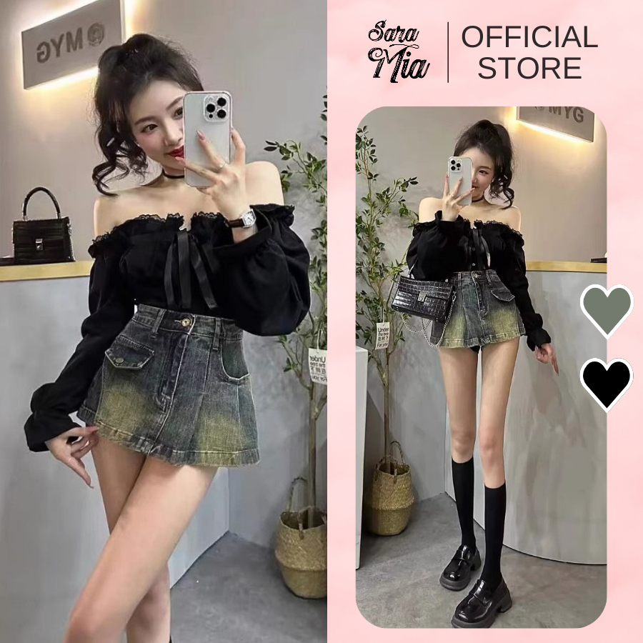 Chân váy jean chữ A ngắn Saramia nữ quần giả váy bò cạp cao xếp ly vạt chéo y2k retro A16