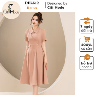 Đầm công sở CITI MODE FASHION thiết kế dáng xoè nâu cổ bẻ đính cúc eo DH4612
