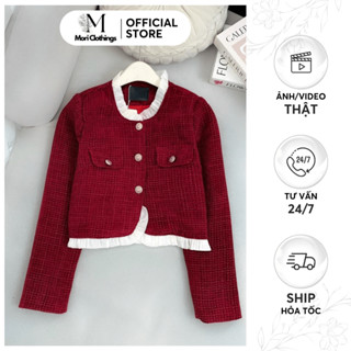 Áo Khoác Dạ Tweed Đỏ Phối Cổ Voan Cúc Đồng Dài Tay Thời Trang Nữ Lịch Sự N238 | MORI CLOTHINGS 