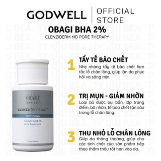 Dung dịch tẩy tế bào chết BHA Obagi - Clenziderm Pore Therapy dung tích 148ml - Kiềm dầu, giảm mụn