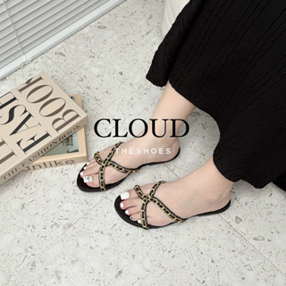 Dép bệt nữ mũi tròn satin quai chéo xích vàng, chéo xoắn nơ – Cloud The Shoes