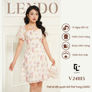 Đầm Váy Công Sở LENDO V241115 Tơ Hoa Nhí Dáng Chữ A Mini Tay Bồng Ngắn Cổ Vuông Cách Điệu Tường Vi