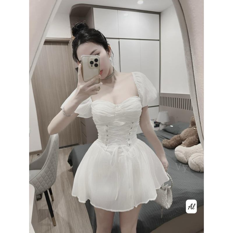 Váy Tơ Tay Bồng Chiết Eo Đan Dây