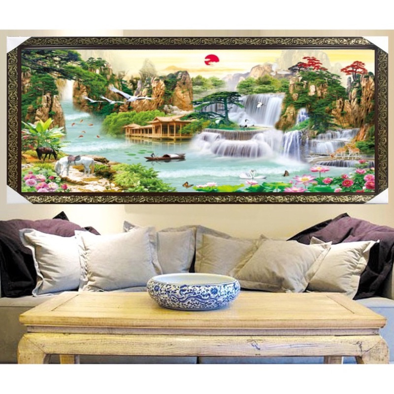 Tranh đính đá phong cảnh non nước hữu tình KT:120x60cm. Tranh gắn đá tự làm.