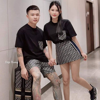 Set quần áo túi ngực dio ❤ bộ áo in chữ phối quần, chân váy kẻ chất cotton mềm mịn na195