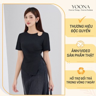 Áo thiết kế cổ tròn cách điệu có sóng eo chất len tăm YOONA - NHN2B248