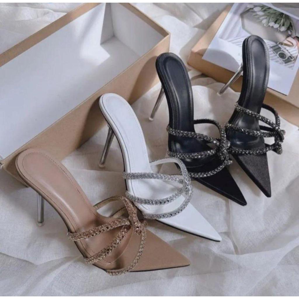 Giày nữ cao gót 9cm NGỌC TRINH STORE xoắn chéo đính hạt lấp lánh sang chảnh DÉP SHOES