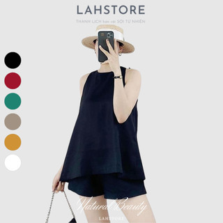 Set đồ nữ vải linen, áo sát nách dáng yếm nút xẻ sau & quần short ống rộng lưng thun LAHSTORE (Đen)