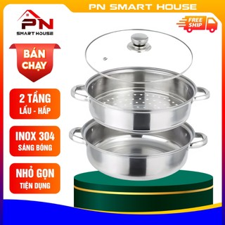 Nồi hấp 2 tầng inox size 28cm, Xửng hấp inox 2 tầng nắp kính, cách thủy