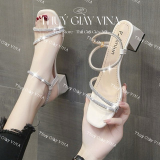 guốc cao gót nữ đế vuông 5 phân quai đính dây đá màu trắng hottrend mùa hè 2024 THUÝ GIÀY VINA STORE mã M42
