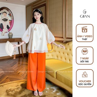 Đồ lam pháp phục đi chùa nữ Giian thiết kế cổ tròn tết dây tay dài ống suông thêu họa tiết vải tơ 2 lớp - AO0738 QU0706
