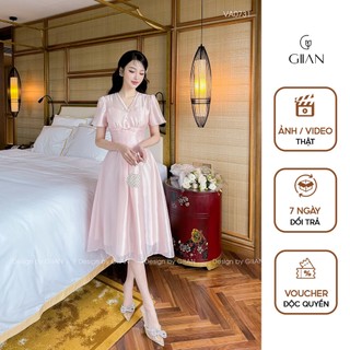 Váy hồng tơ dáng dài Giian thiết kế cổ V phối tay cánh tiên chiết eo tôn dáng  - VA0731