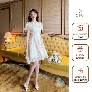 Váy ren dáng xòe Giian ôm eo họa tiết hoa nổi thiết kế cổ tròn đính nơ phối tay tơ cánh tiên vải ren cao cấp - VA0710
