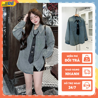 Áo sơ mi bò Jean nữ kèm Cà vạt đen dáng rộng dài tay chất Denim mềm C&H Clothing
