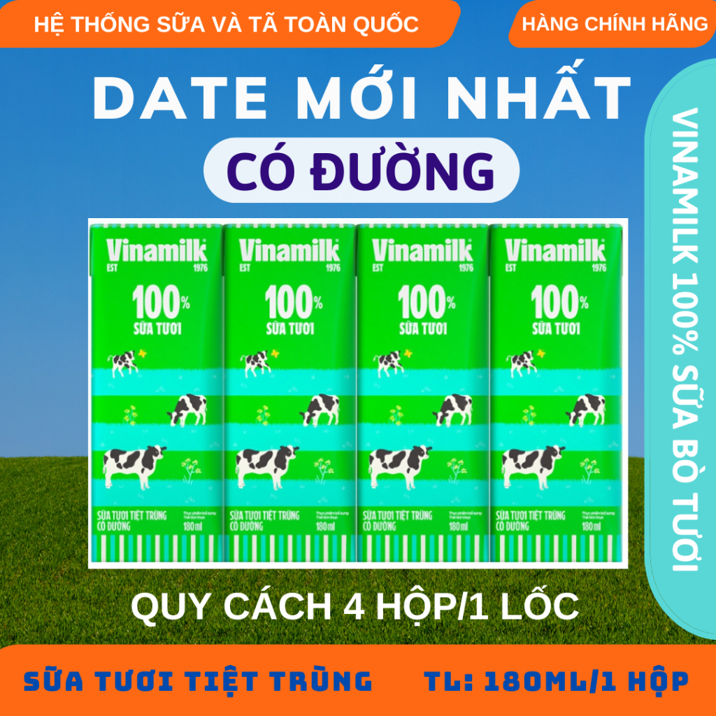 [VINAMILK SỮA TƯƠI CÓ ĐƯỜNG] Sữa Vinamilk 100% sữa tươi có đường Hộp 180ml (lốc 4 hộp)