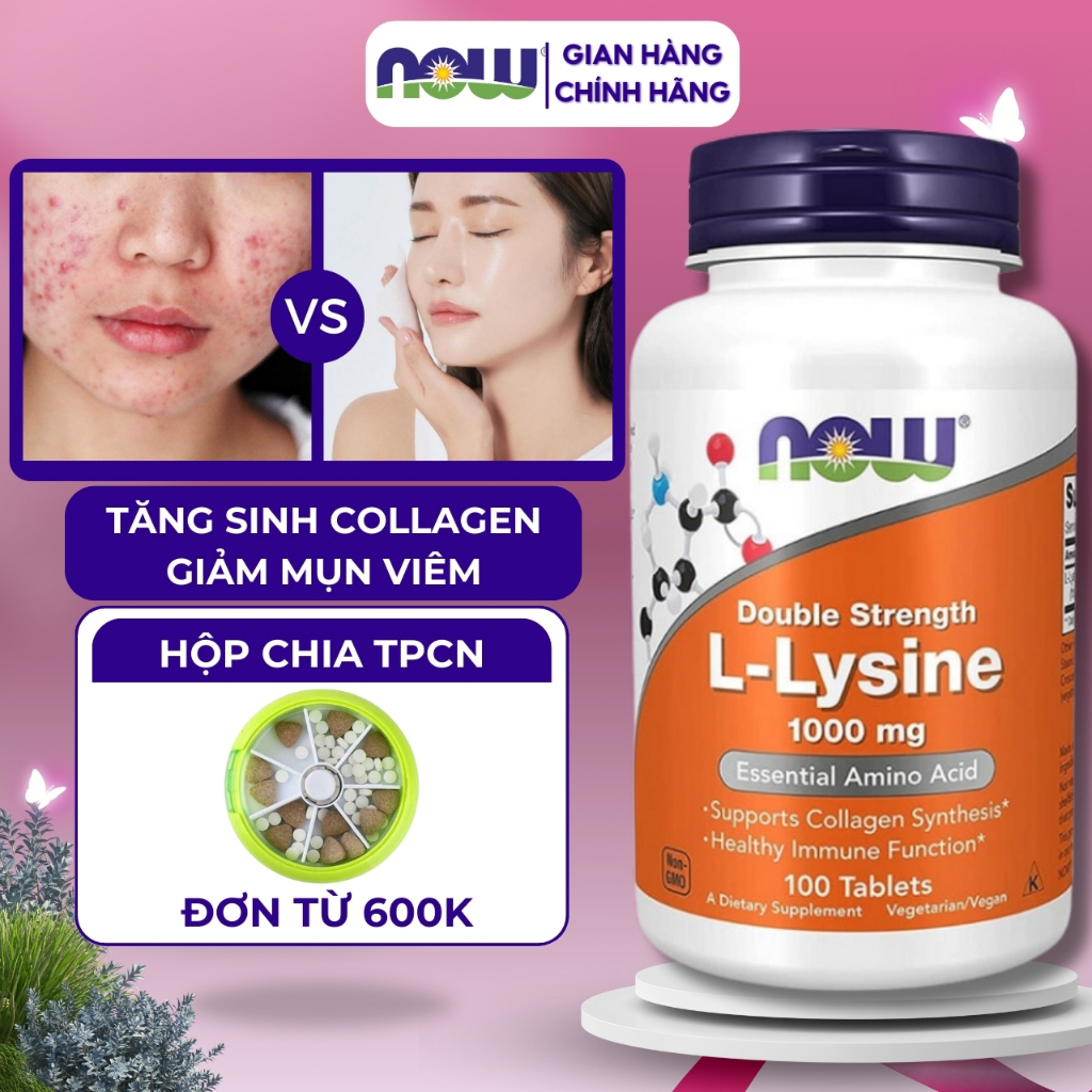 Hỗ trợ tăng sinh collagen Now L- Lysine giúp giảm mụn, hỗ trợ xương khớp 500mg 100 viên