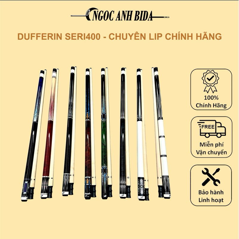 Cơ bida Dufferin seri 400 chuyên lip hàng chính hãng, đầu 11.5m, phíp Adam, ren gỗ, check code hàng thật