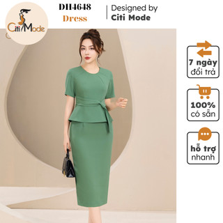 Đầm công sở CITI MODE FASHION thiết kế dáng ôm peplum xanh cổ tròn đai eo cách điệu DH4648