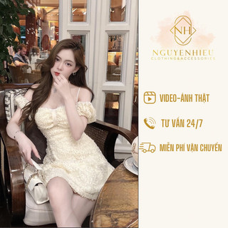 [Ảnh thật] [Hàng sẵn] Váy ren hoa nổi trễ vai tiểu thư