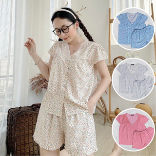 Bộ đồ ngủ hoa nhí lụa mango hàn tay cánh tiên & quần đùi lưng thun form rộng thoải mái