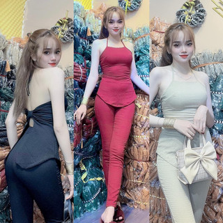Sét bộ đồ yếm vải thun hở lưng có mút ngực quần dài mặc sexy Phạm ngọc boutique