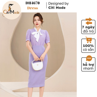 Đầm công sở CITI MODE FASHION thiết kế dáng ôm phối áo kẻ tím nơ trắng DH4670