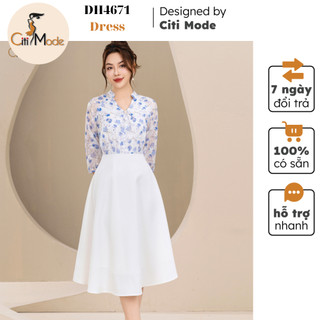Đầm công sở CITI MODE FASHION thiết kế dáng xòe hoa xanh phối chân váy xoè trắng DH4671