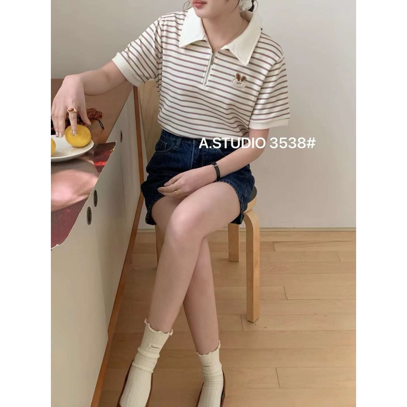Áo polo kẻ nhỏ cổ kéo khóa thêu thỏ , A-studio 3538 (kèm video và ảnh thật )