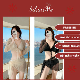Bộ đồ bơi bikini 4 mảnh tay dài kèm áo lưới khăn lưới siêu tôn dáng hotrend bikinime