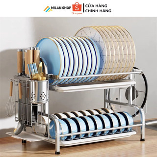 Giá để bát đĩa 2 tầng, kệ chạn úp chén đũa inox đa năng kèm 2 khay hứng nước ống cắm đũa thìa cao cấp