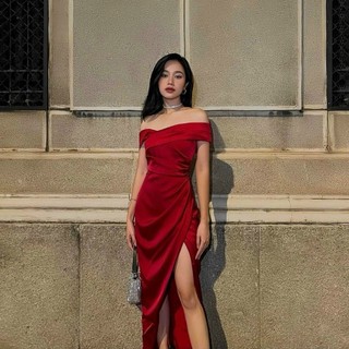 Đầm body trễ vai xe tà dáng dài chất lụa nhung cao cấp phù hợp cho các nàng đi tiệc đi chơi đi hẹ hò Ht153